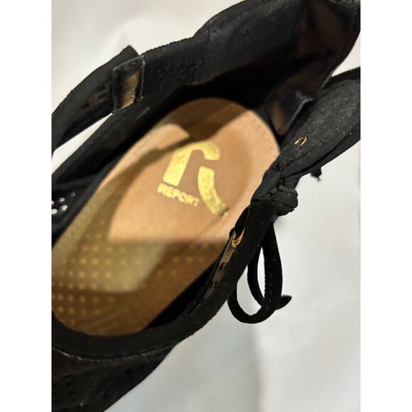 Report Womens Sz 8.5 Black Platform Chunky Ankle Heels fish net look Faux Suede - Picture 5 of 11